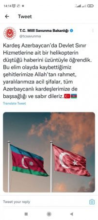 Türkiyə Müdafiə Nazirliyi helikopter qəzasına görə Azərbaycana başsağlığı verib Türkiyə Müdafiə Nazirliyi helikopter qəzasına görə Azərbaycana başsağlığı verib